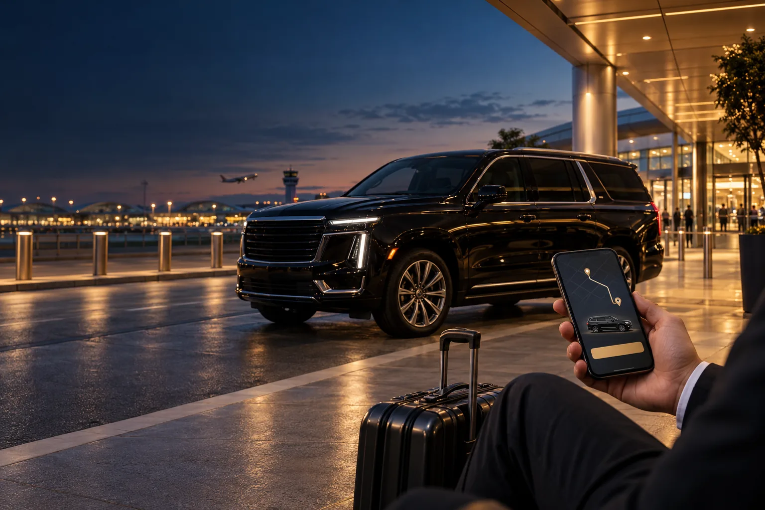 Illustrative airport ride planning scene with a black SUV, smartphone and suitcase