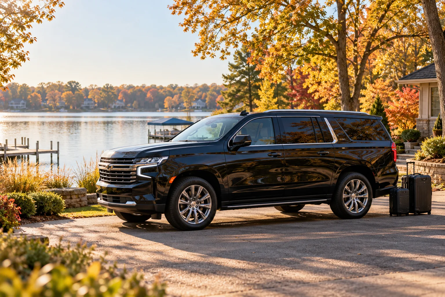 Illustrative black executive SUV beside an autumn lakeside setting with luggage