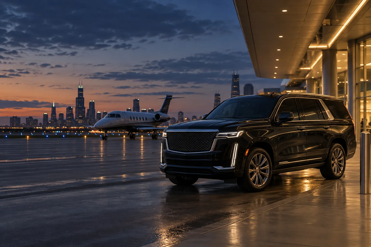 Illustrative executive SUV at an airport terminal at dusk