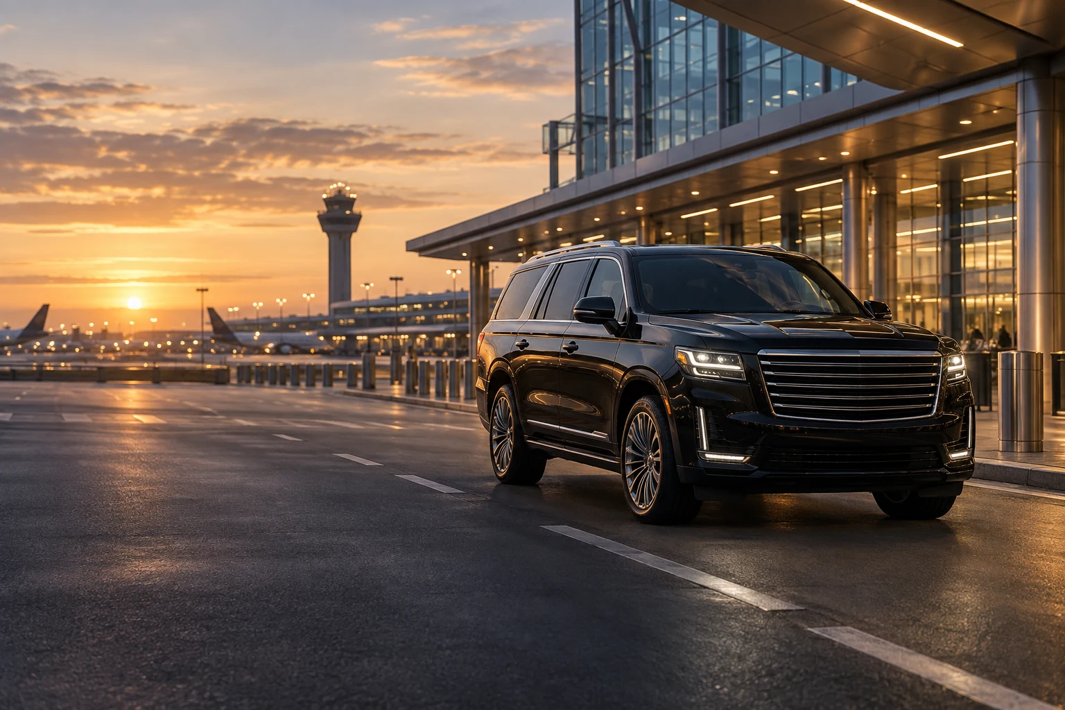 Illustrative black luxury SUV at a generic airport terminal at dawn
