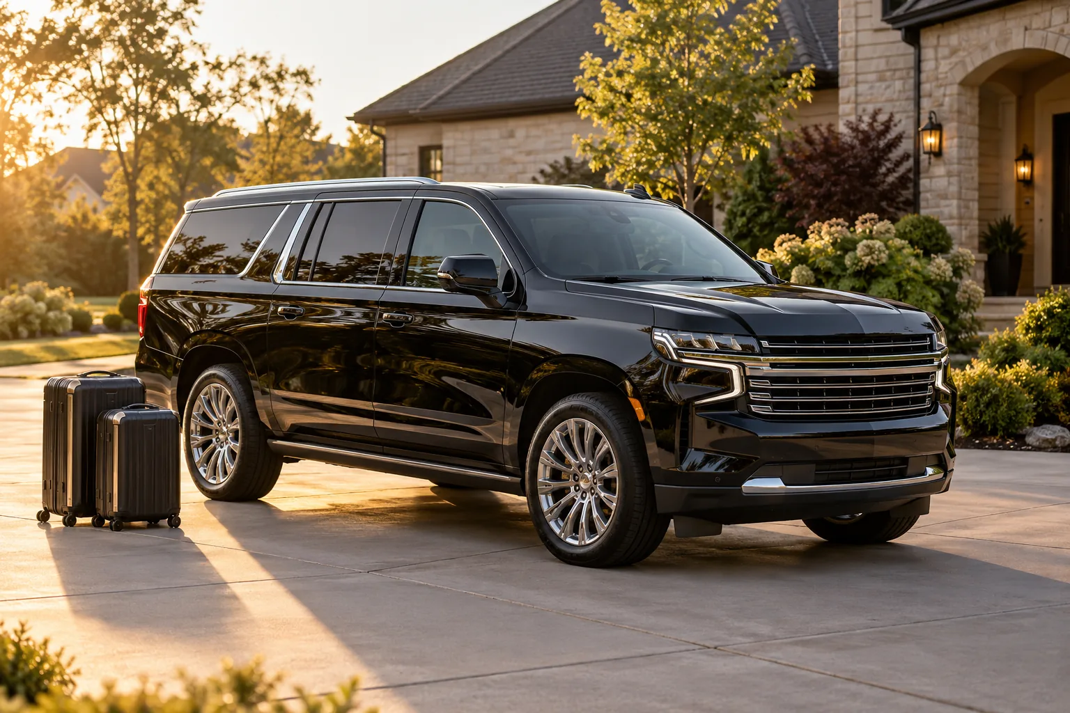 Illustrative executive SUV outside a suburban home
