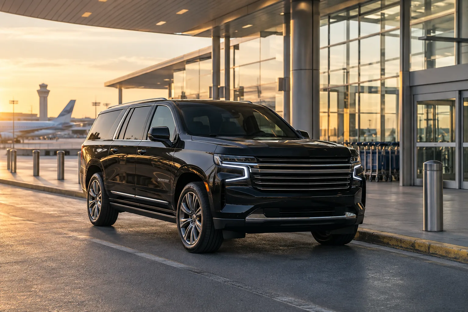 Illustrative black executive SUV at an airport terminal in morning light