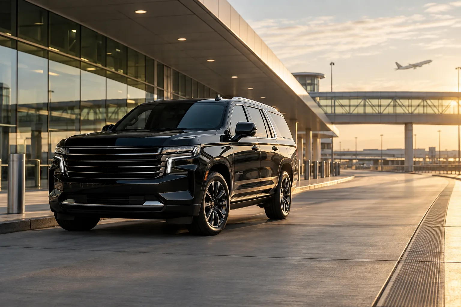 Illustrative black private SUV outside a generic airport terminal at sunrise
